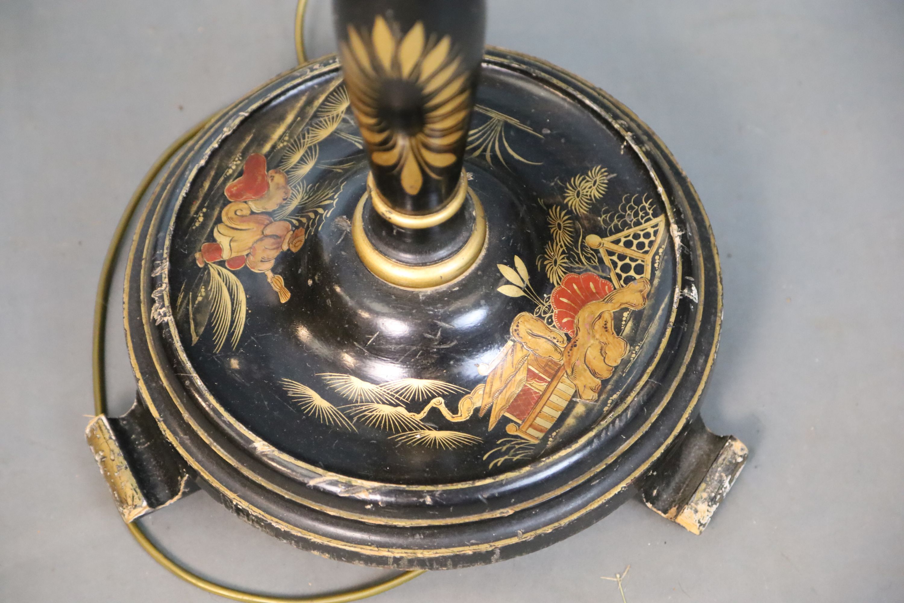 A 1930s chinoiserie black lacquered lamp standard, H.140cm